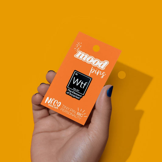 WTF Element of Surprise funny periodic table enamel pin on mood pin display card