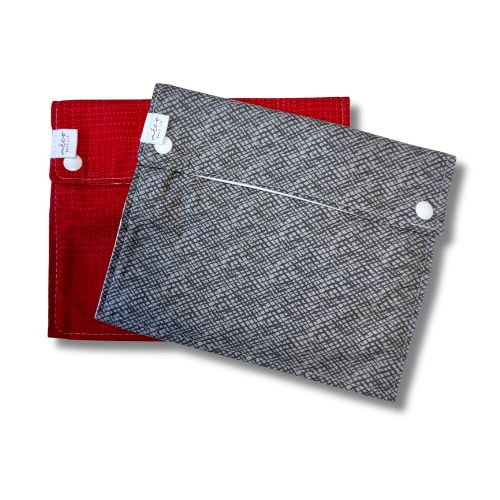 red and grey fabric bags with snaps