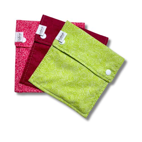 Pink swirls and lime three fabric bags with snaps