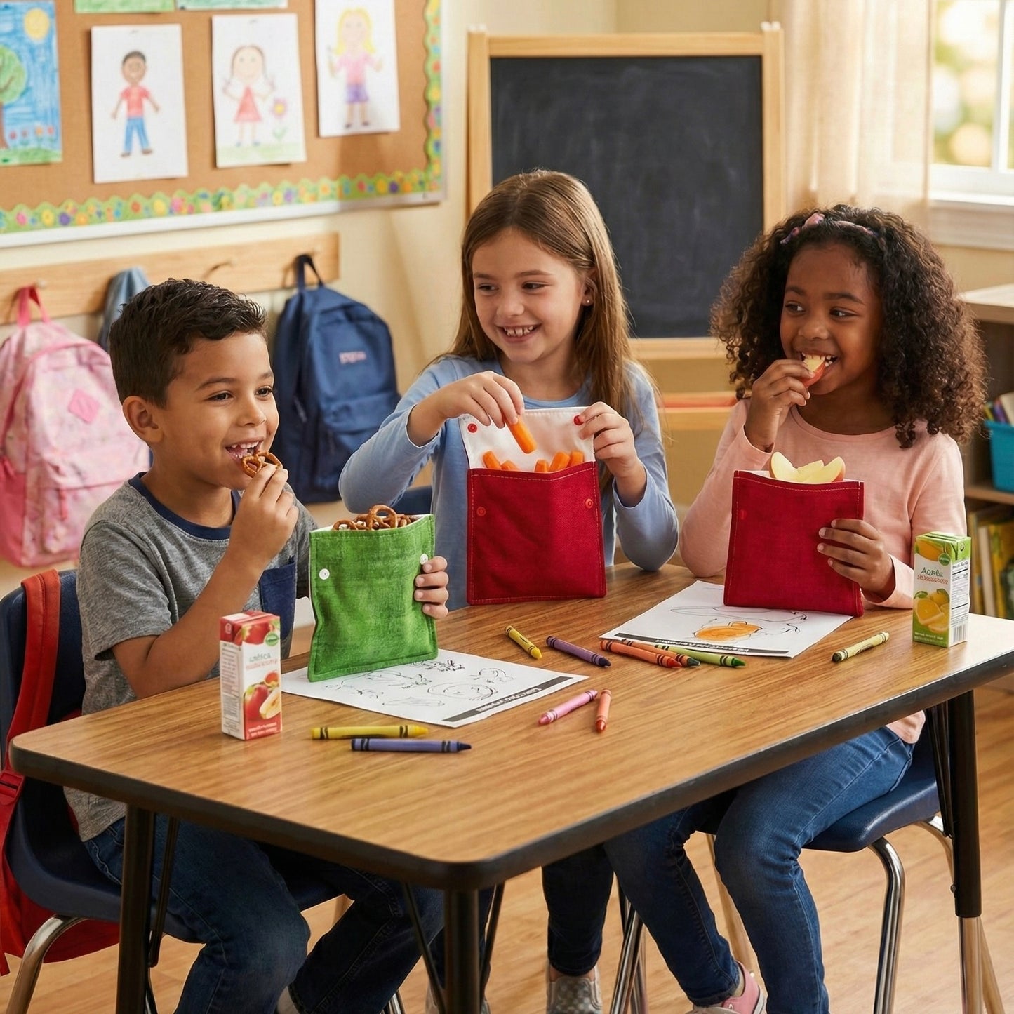 Children sitting at a classroom table with reusable snacks and sandwich bags 