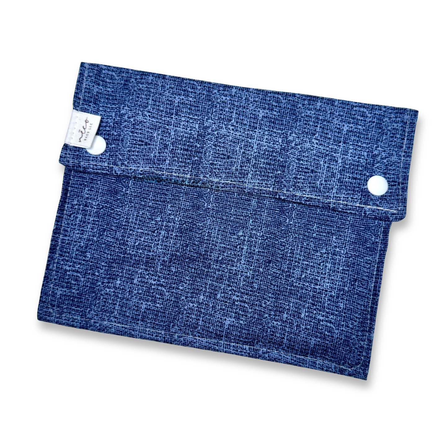 Blue fabric pouch with a white tag on a white background