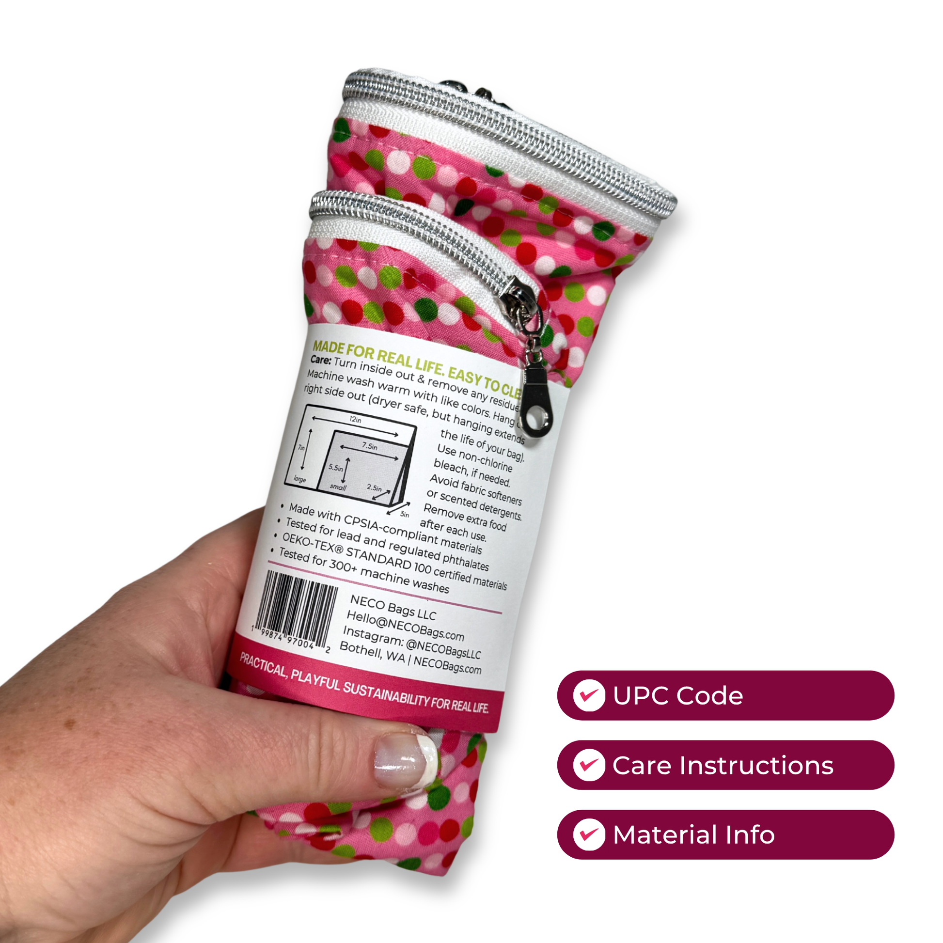 A hand holds a pink and green polka dot zippered pouch showing the back print with care instructions and a UPC code. Three dark magenta badges on the right list 'UPC Code', 'Care Instructions', and 'Material Info'.