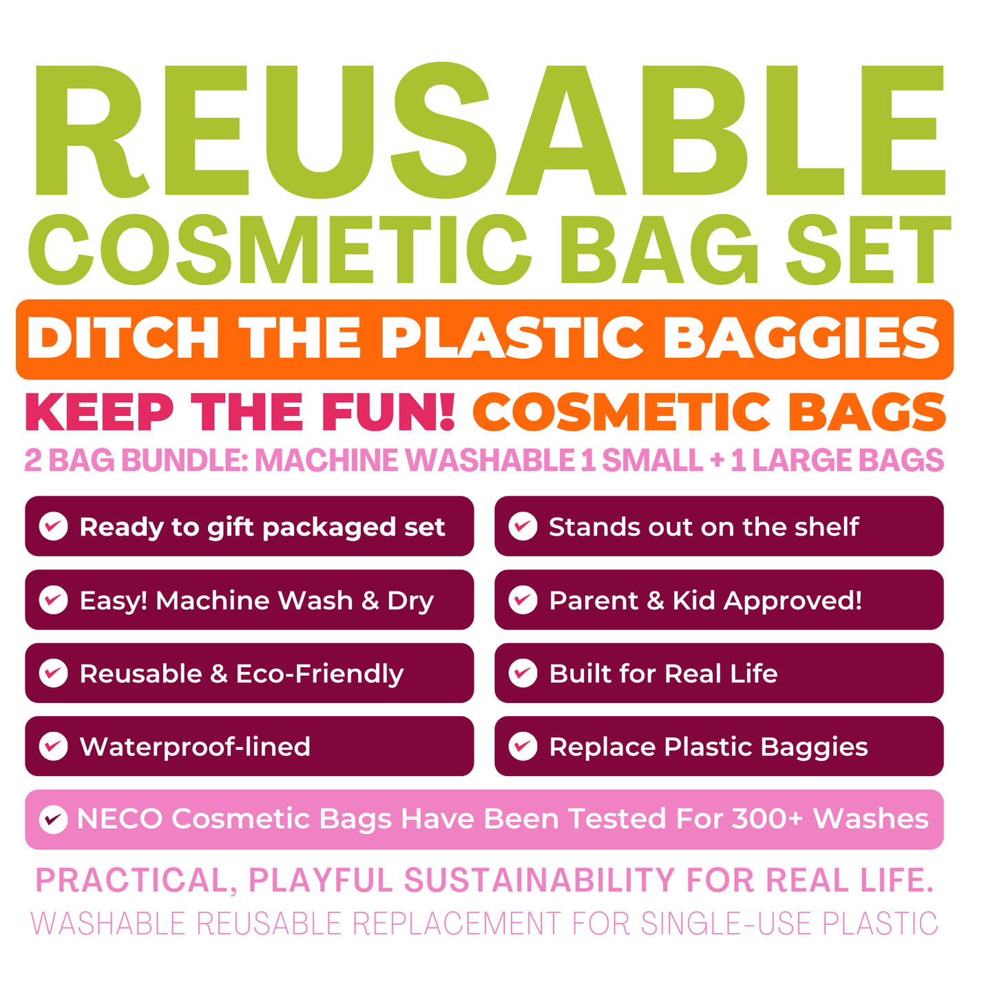 A promotional graphic for a reusable cosmetic bag set. The text reads 'REUSABLE COSMETIC BAG SET' , reusable and eco-friendly, waterproof-lined, and replacing plastic baggies.