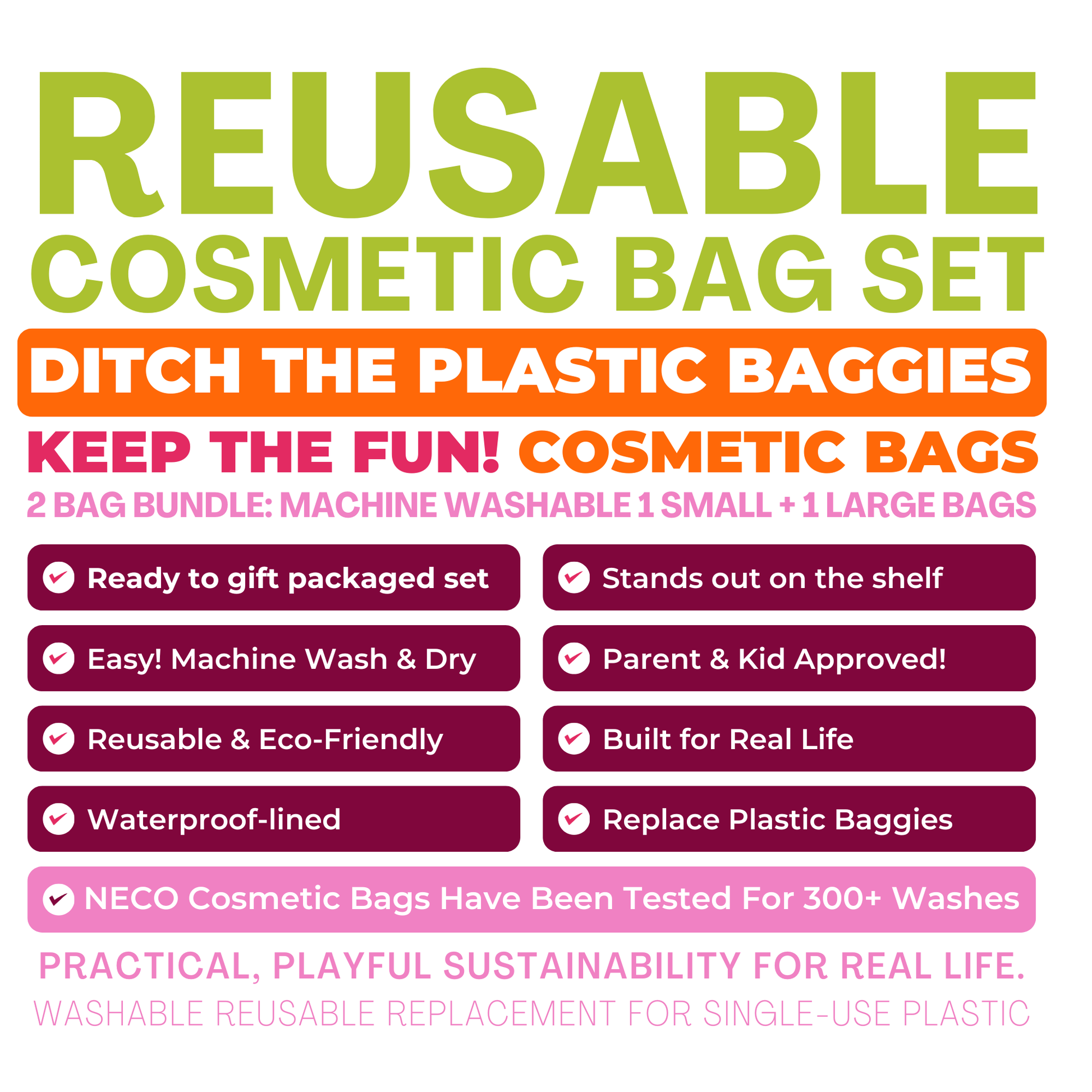 A promotional graphic for a reusable cosmetic bag set. The text reads 'REUSABLE COSMETIC BAG SET' , reusable and eco-friendly, waterproof-lined, and replacing plastic baggies.