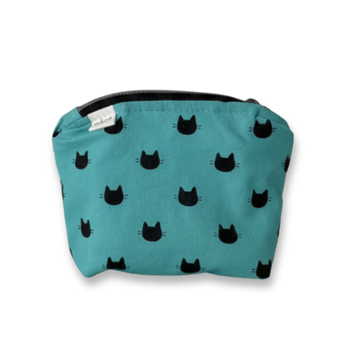 Teal pouch with black cat pattern on a white background