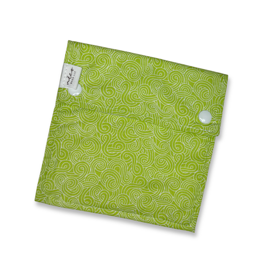 Green patterned pouch with two buttons on a white background
