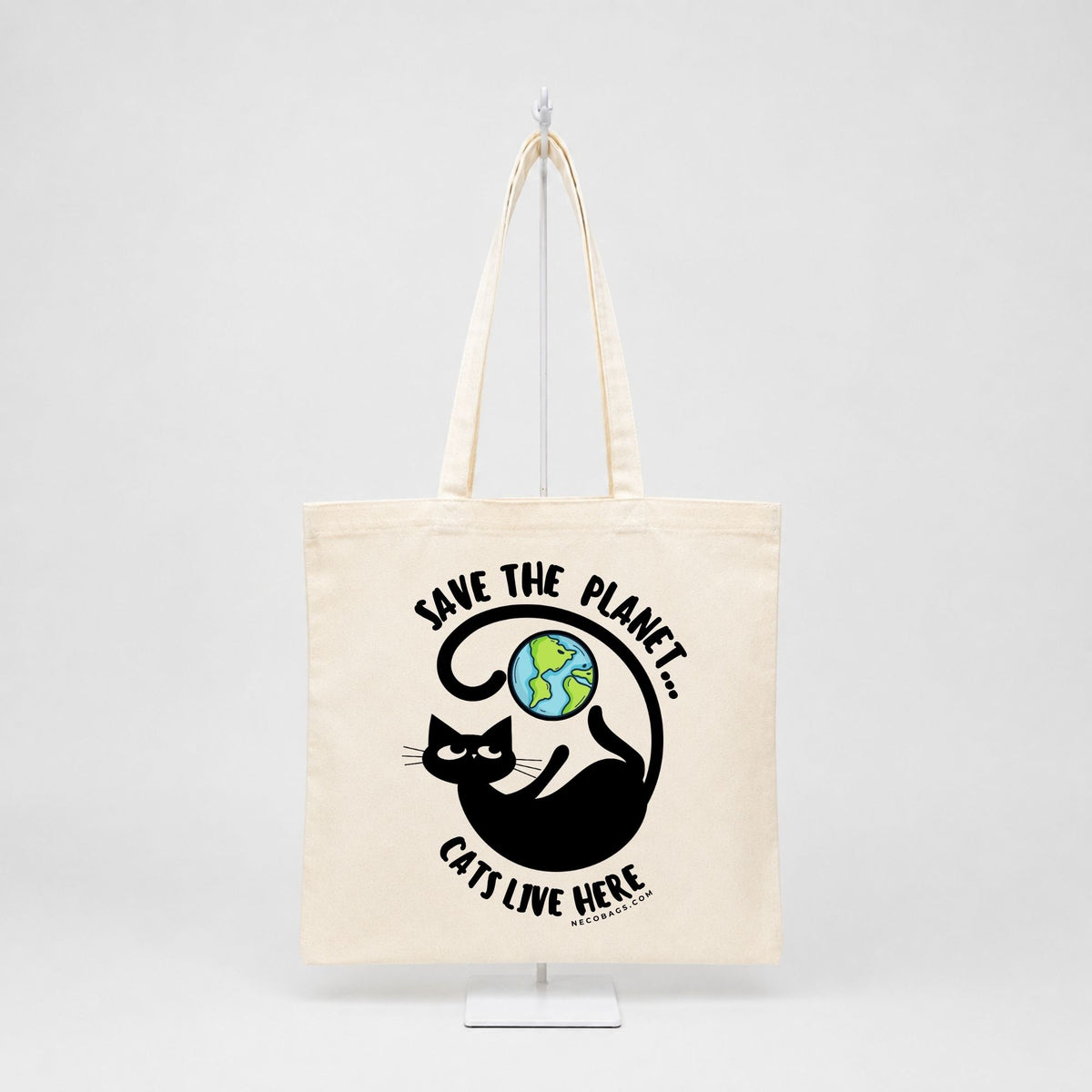 Save the Planet Cats Live Here reusable cotton canvas tote bag with black cat and Earth graphic