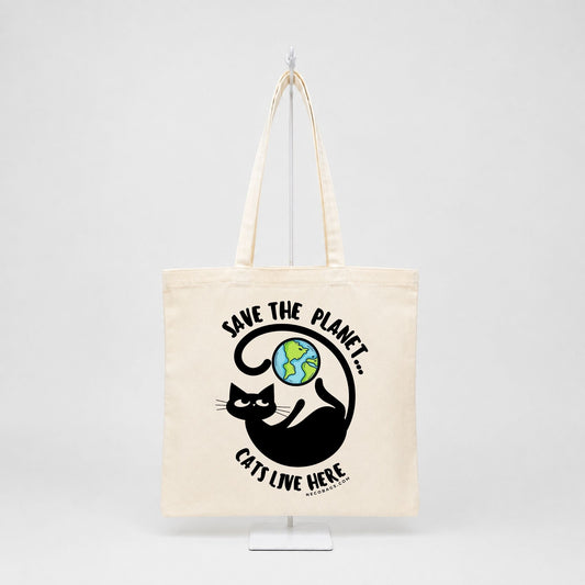 Save the Planet Cats Live Here reusable cotton canvas tote bag with black cat and Earth graphic