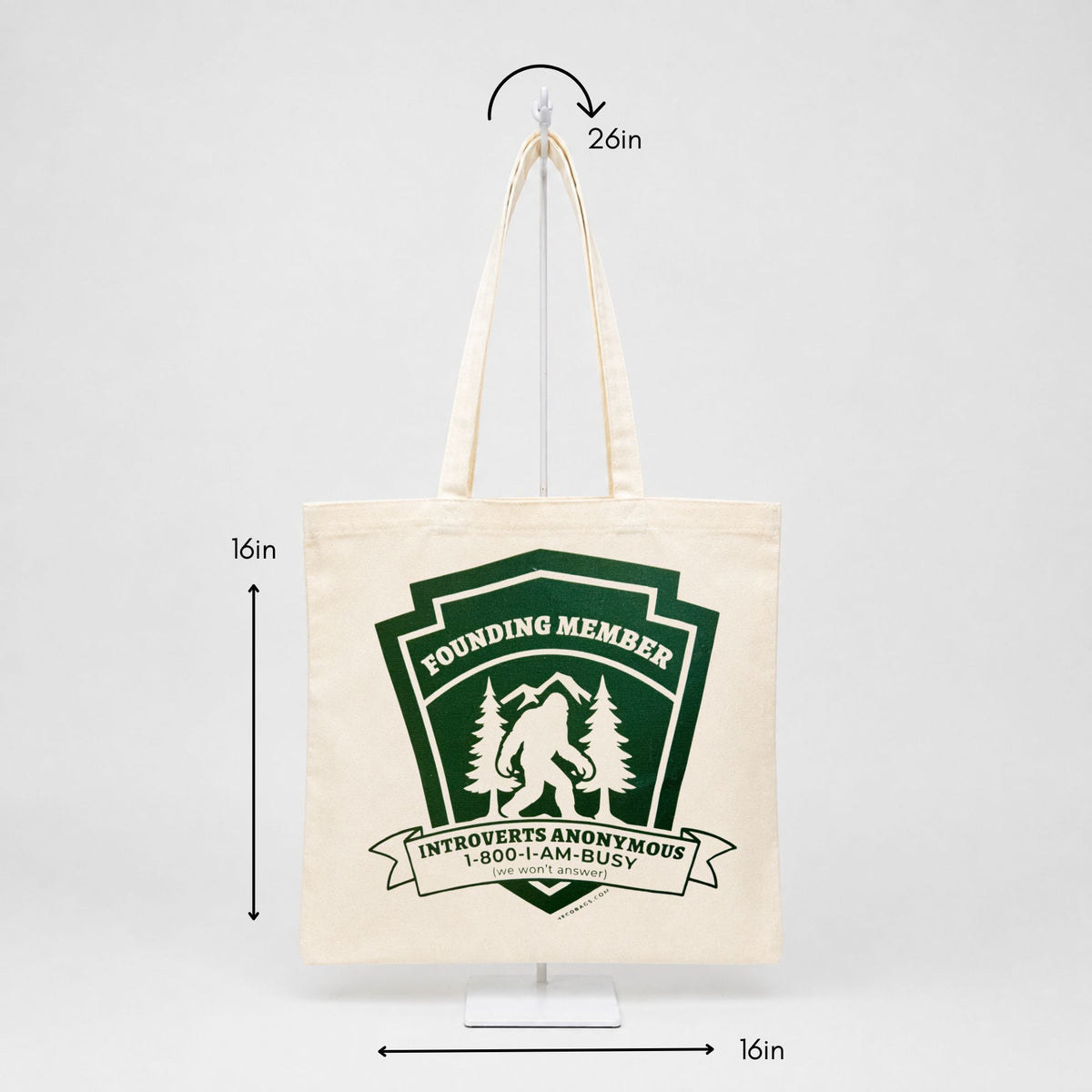 Bigfoot canvas tote bag measuring 16 by 16 inches with 26 inch straps