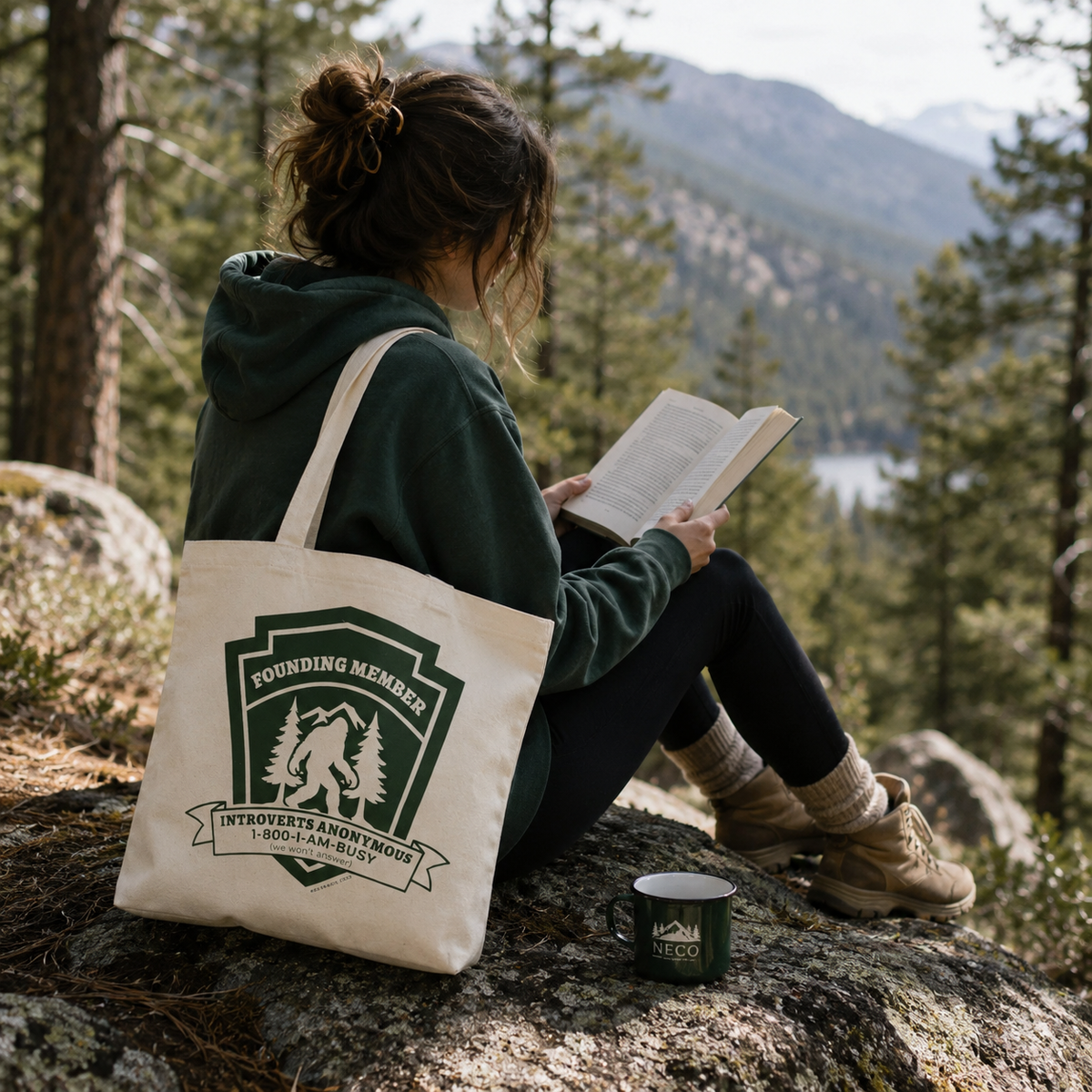 Woman reading outdoors with Introverts Anonymous Bigfoot canvas tote bag
