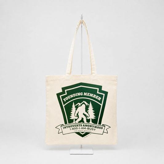 Introverts Anonymous Bigfoot canvas tote bag in cream and forest green