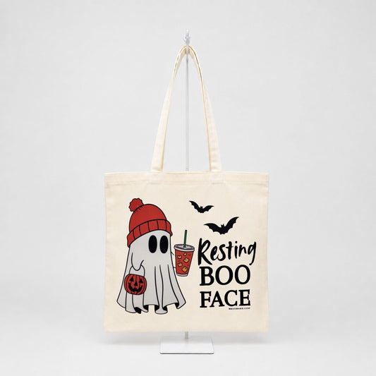 Resting Boo Face Halloween ghost canvas tote bag with pumpkin and fall drink