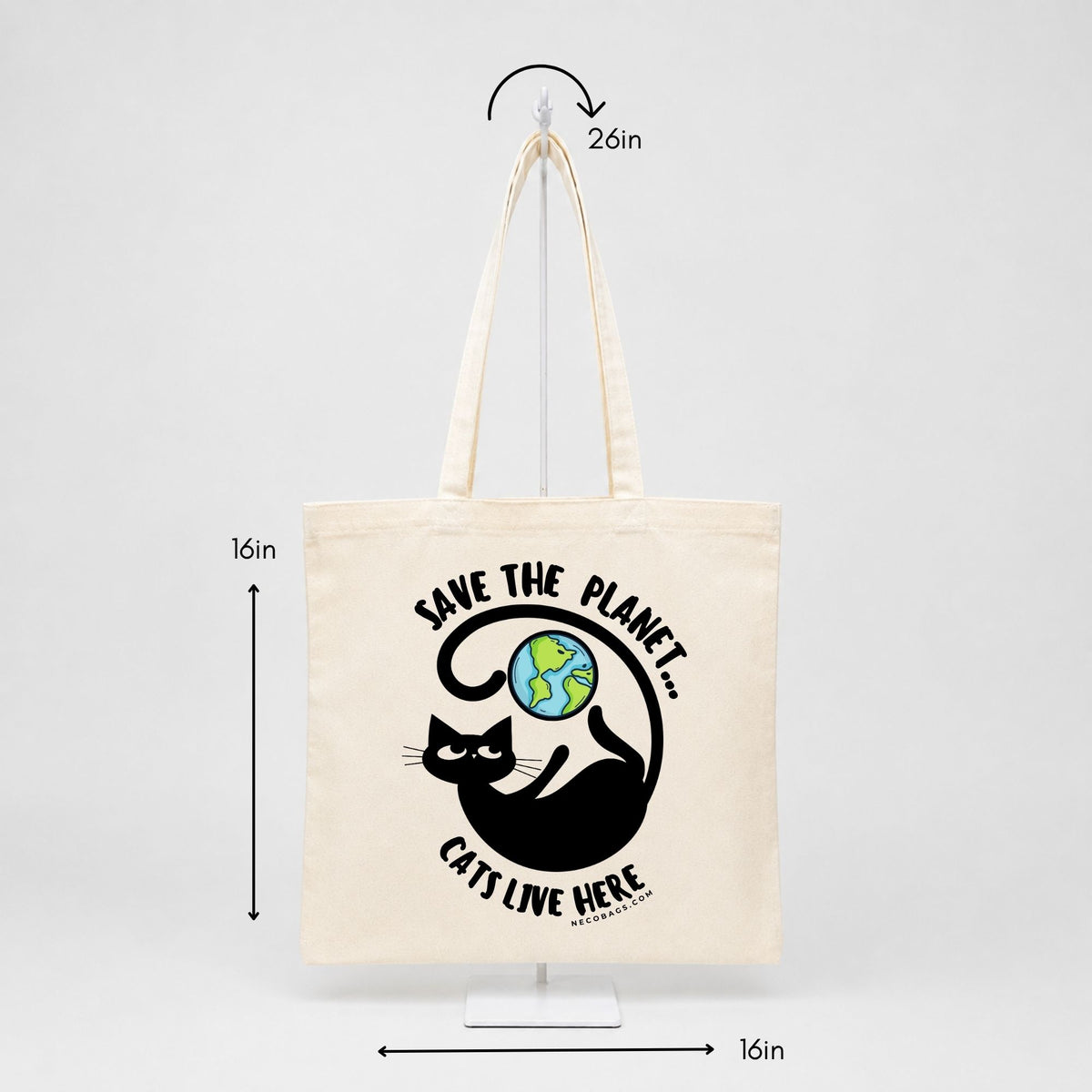 Save the Planet Cats Live Here reusable cotton canvas tote bag with black cat and Earth graphic with dimensions