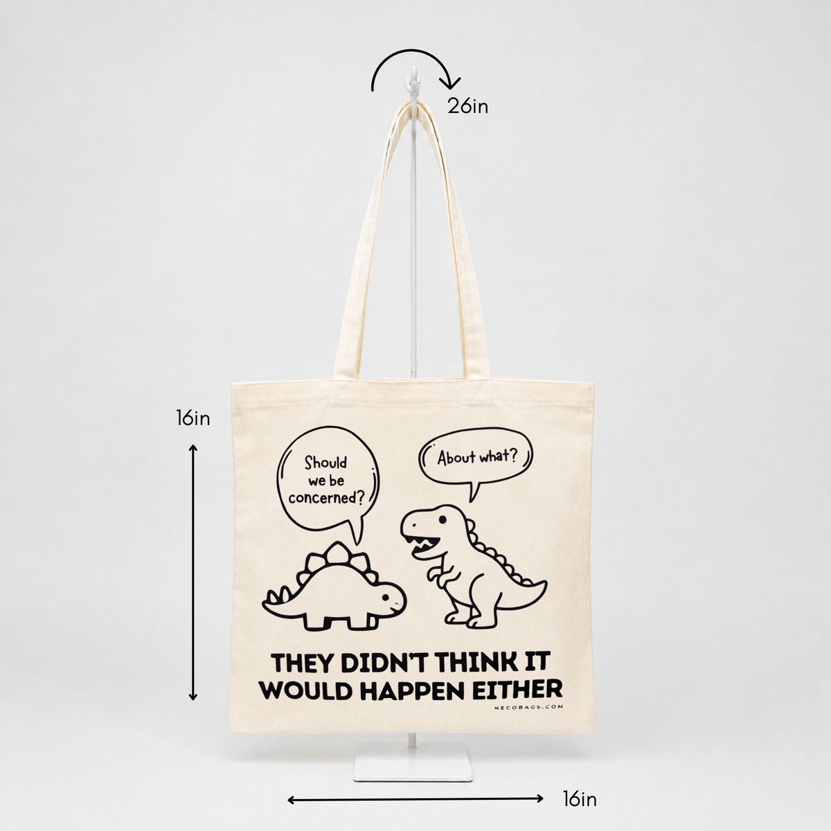 Dinosaur canvas tote bag measuring 16 by 16 inches with 26 inch straps