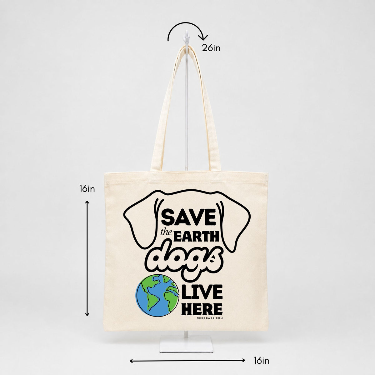 Natural cotton canvas tote bag with Save the Earth Dogs Live Here dog lover graphic featuring dog ears and a colorful Earth with dimensions