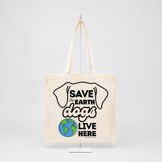 Natural cotton canvas tote bag with Save the Earth Dogs Live Here dog lover graphic featuring dog ears and a colorful Earth