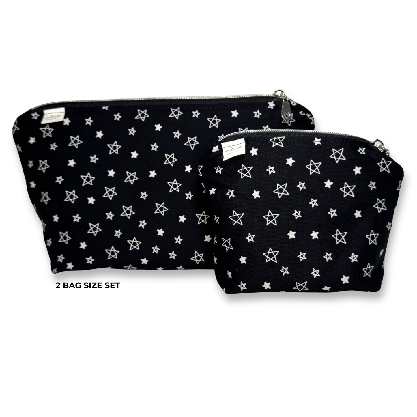 Two black zippered cosmetic pouches with a white star pattern, shown on a white background with the text '2 BAG SIZE SET' below the larger bag. video showing how much fits in the NECO Machine Washable Cosmetic Bags