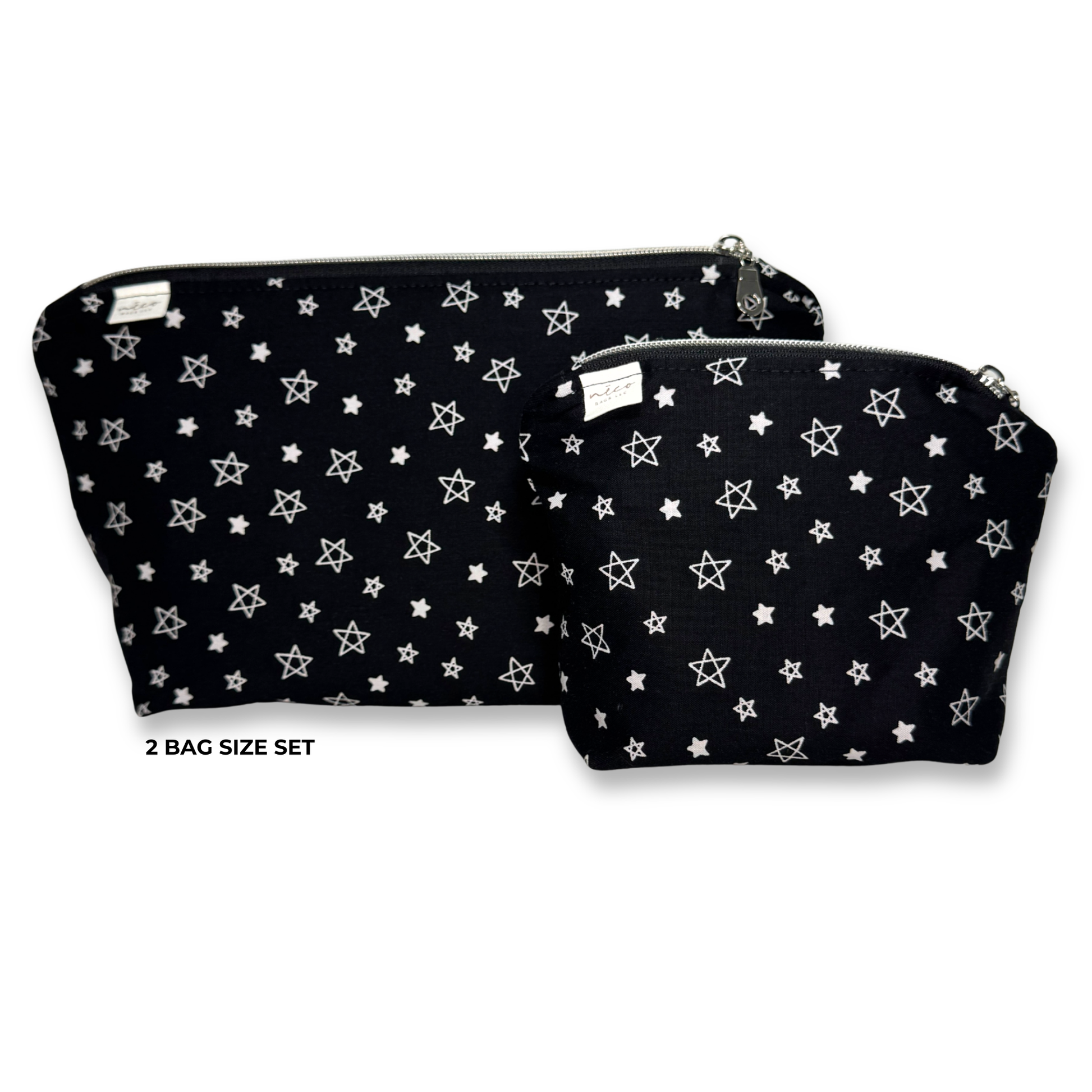 Two black zippered cosmetic pouches with a white star pattern, shown on a white background with the text '2 BAG SIZE SET' below the larger bag. video showing how much fits in the NECO Machine Washable Cosmetic Bags
