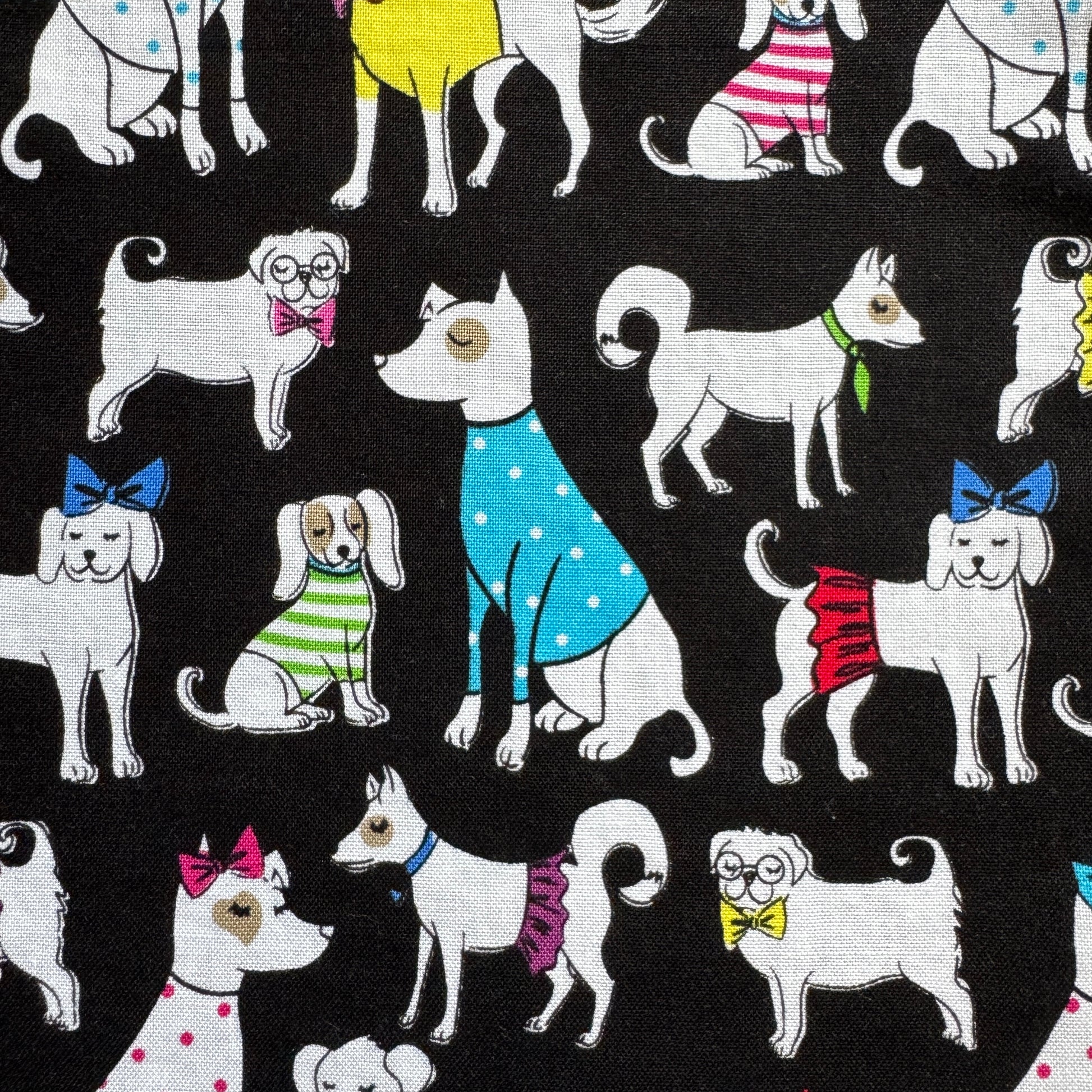 Pattern of dogs in various outfits on a black background