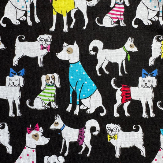 Pattern of dogs in various outfits on a black background