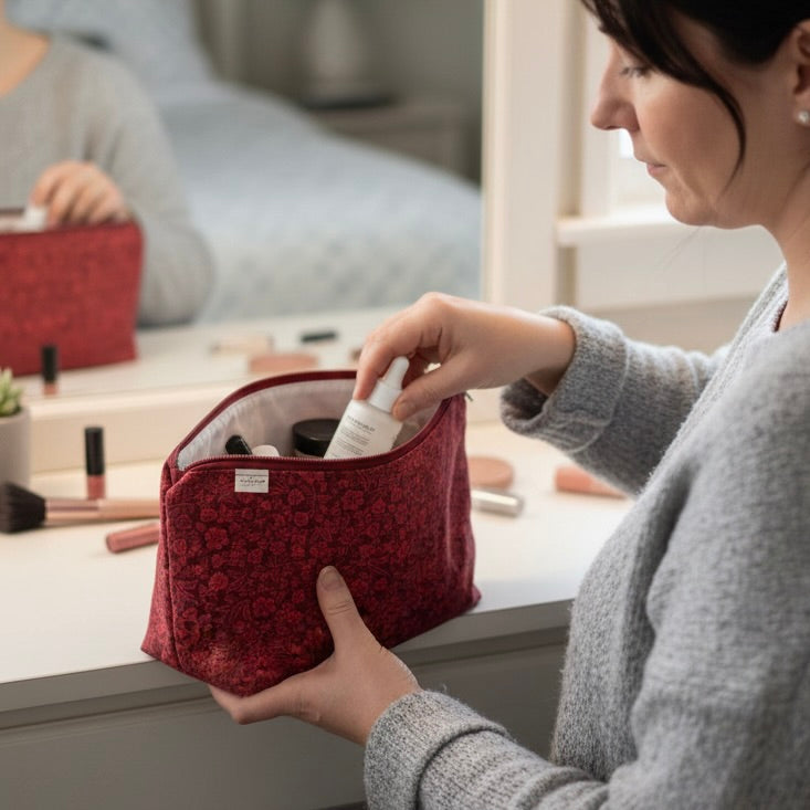 Woman organizing makeup items in a red cosmetic bag in a bathroom setting.
