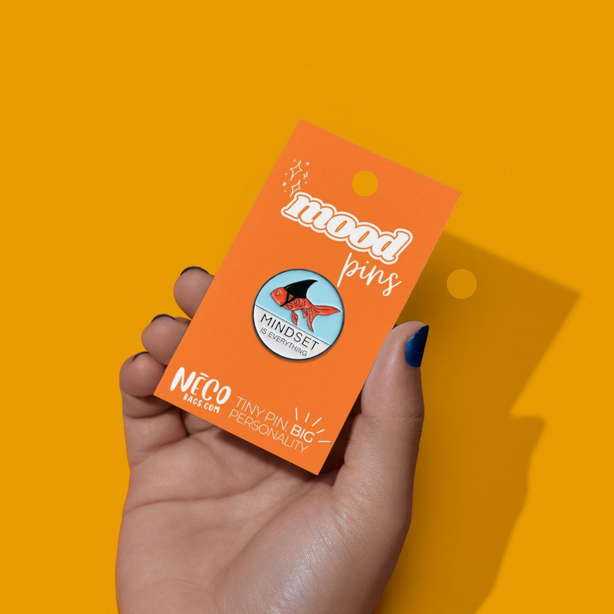 Mindset Is Everything fish enamel pin on NECO Current Mood Pins display card