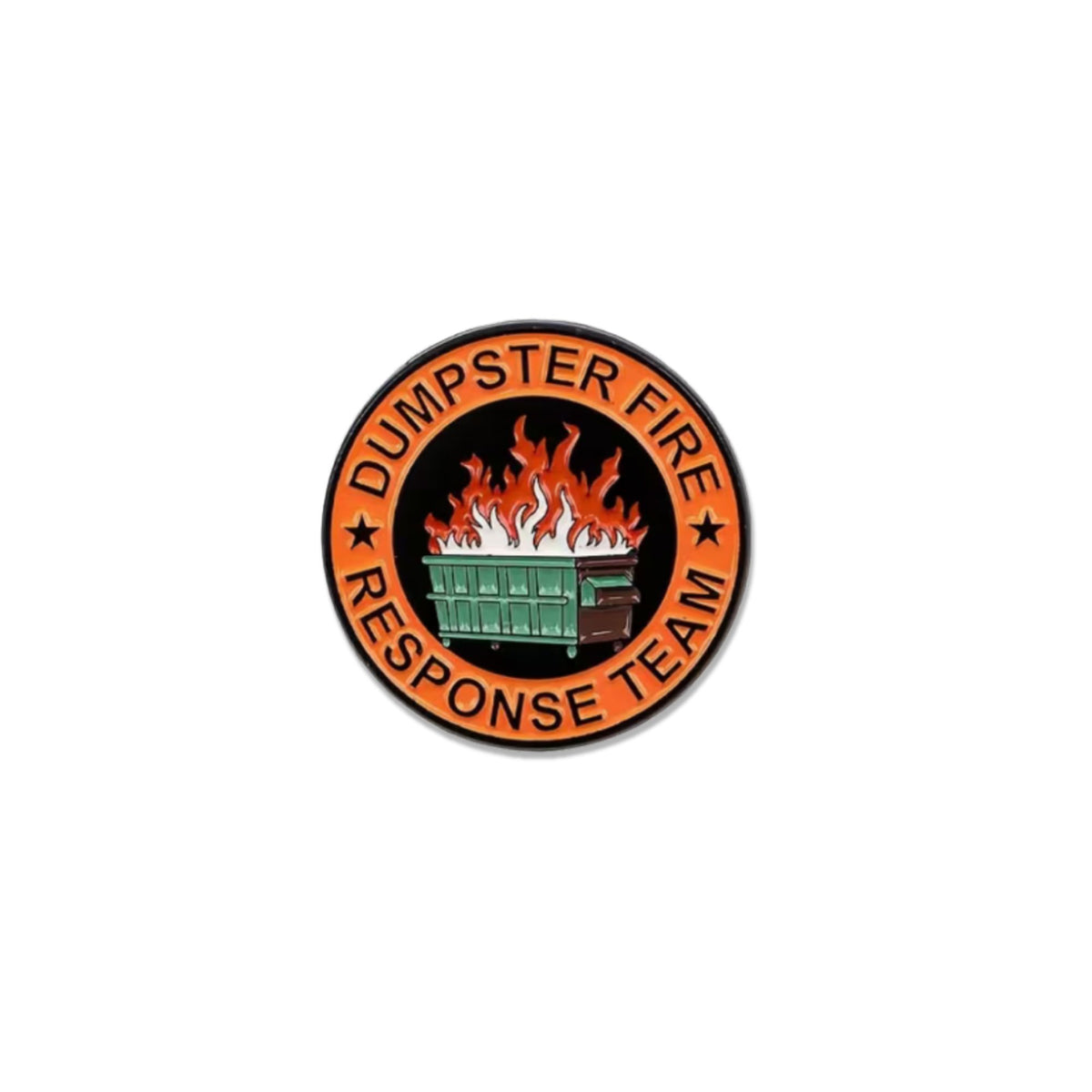 Dumpster Fire Response Team enamel pin with flaming green dumpster