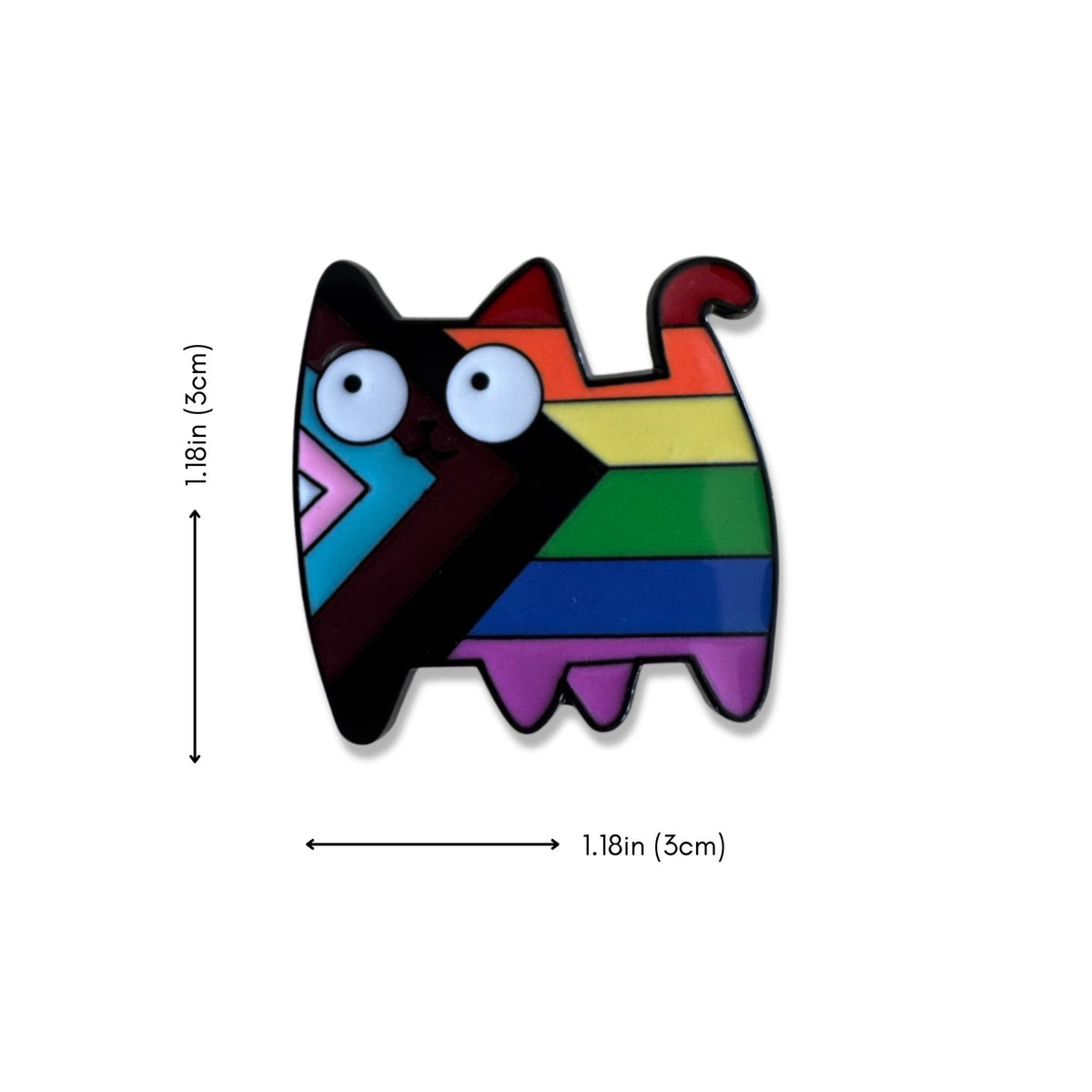 Colorful Pride cat enamel pin with Progress Pride-inspired rainbow stripes from the NECO Current Mood Pin Collection with dimensions