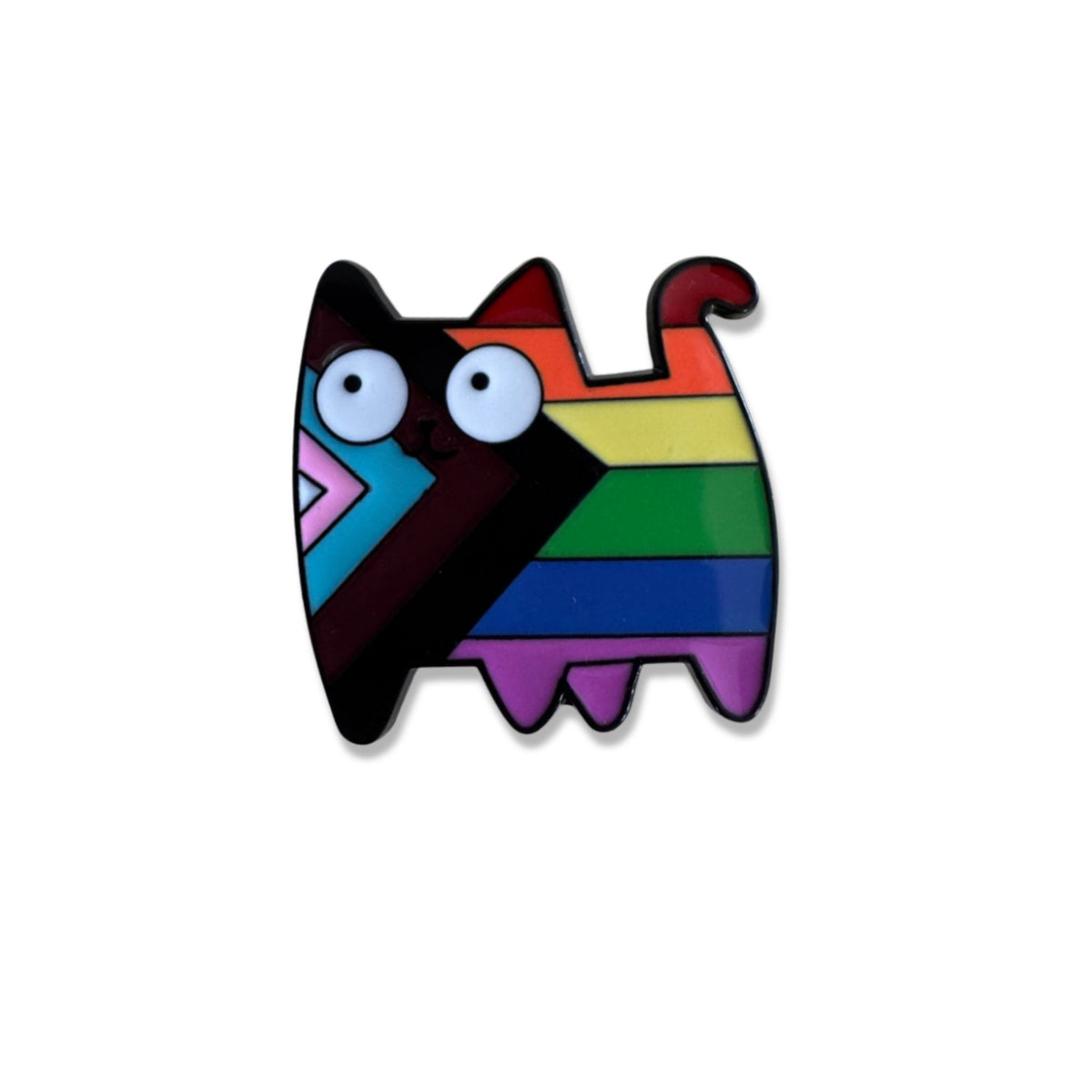 Colorful Pride cat enamel pin with Progress Pride-inspired rainbow stripes from the NECO Current Mood Pin Collection