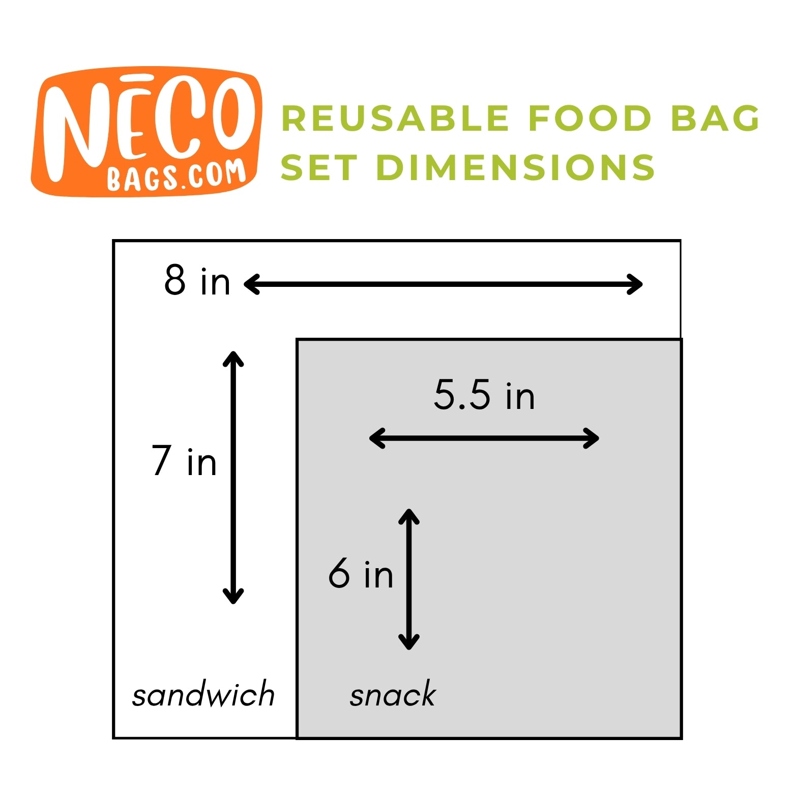 A dimension diagram for a reusable food bag set, showing a square sandwich bag with 8 by 7 inch measurements and a smaller square snack bag with 5.5 by 6 inch measurements.