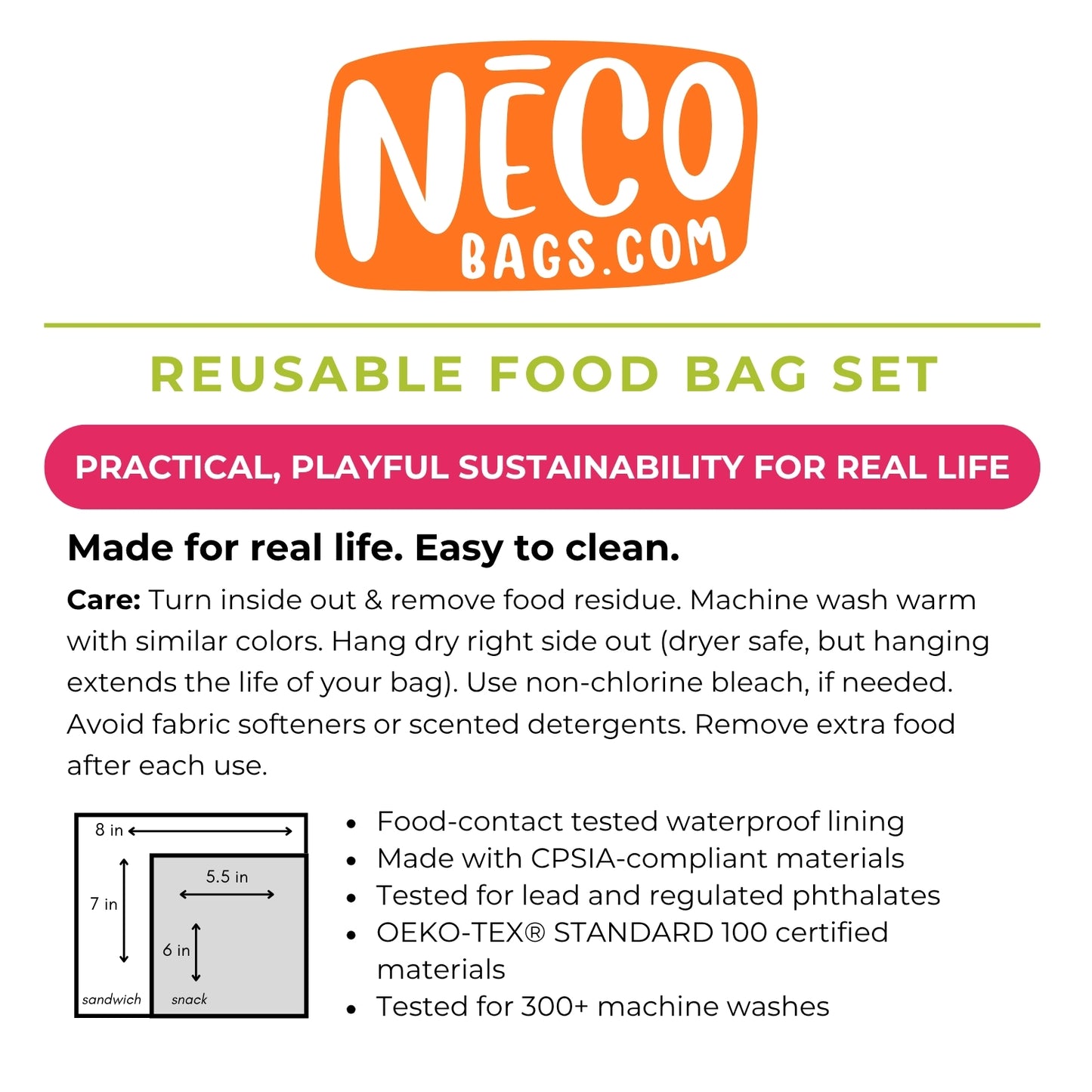 NÉCOBags.com reusable food bag set informational graphic with product title, care instructions, dimensions diagram, and feature bullet points on a white background. Machine washable cute snack and sandwich bags