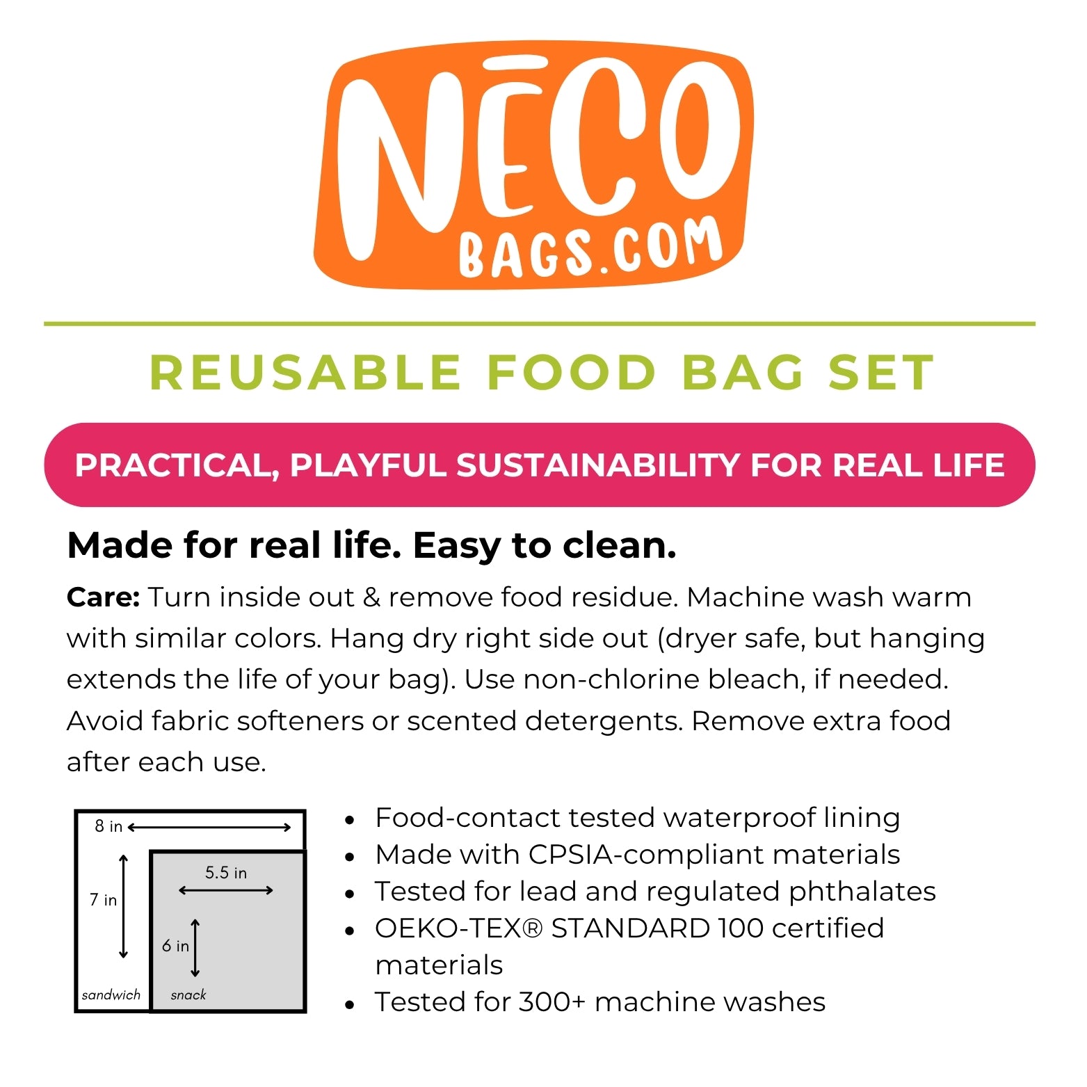 NÉCOBags.com reusable food bag set informational graphic with product title, care instructions, dimensions diagram, and feature bullet points on a white background. Machine washable cute snack and sandwich bags