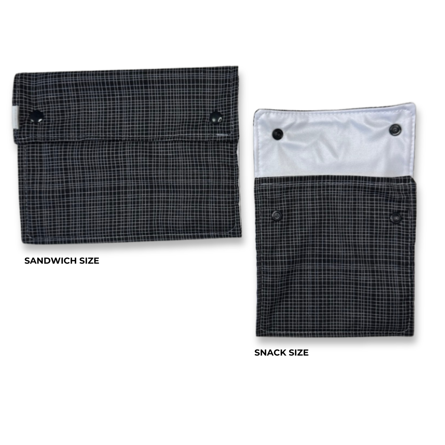 Two fabric pouches shown on a white background, labeled Sandwich Size and Snack Size. Both have a dark gray and black plaid exterior, with one showing a black snap closure and the other showing a black snap closure over a white interior lining. Machine Washable snack and sandwich bags