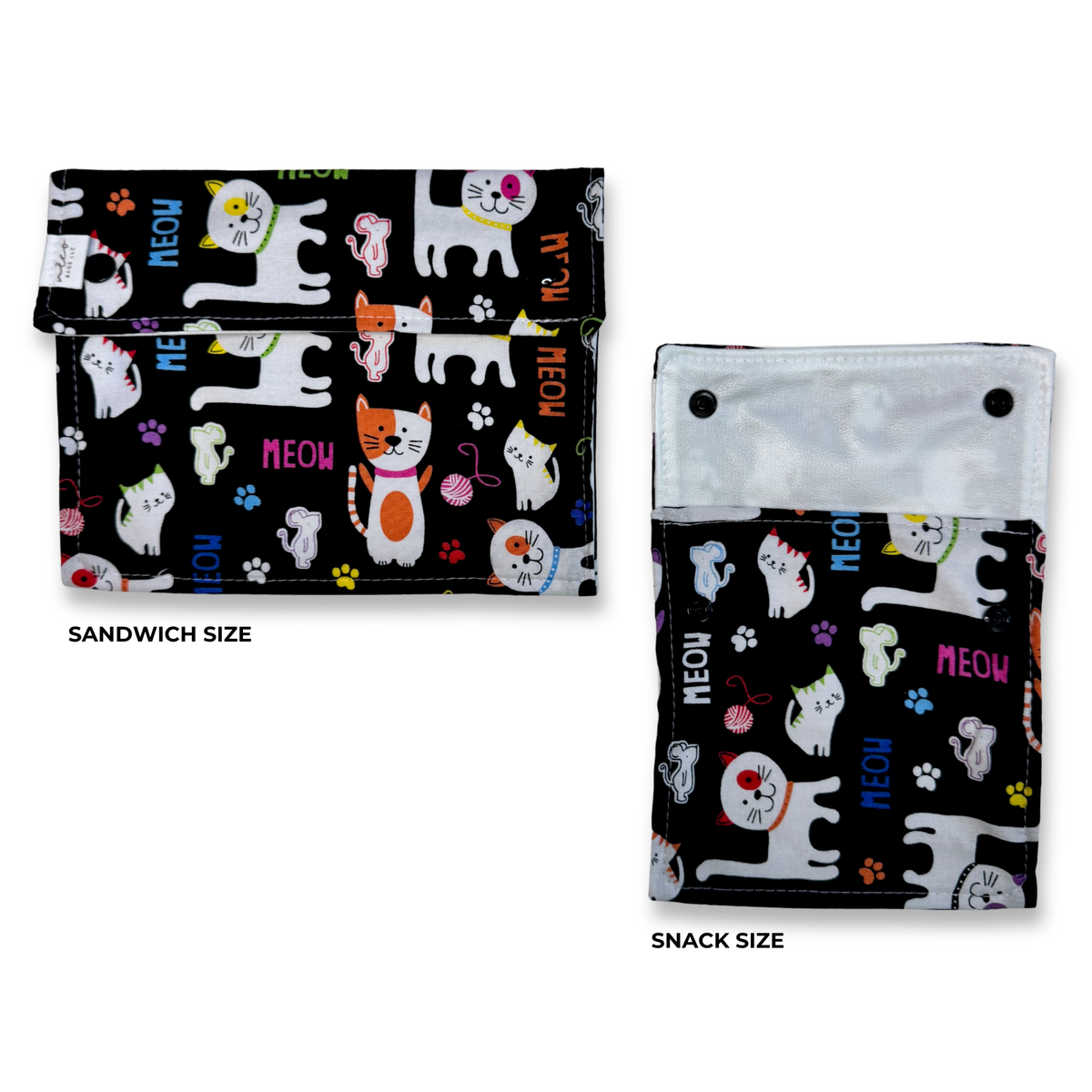 Two snack and sandwich bags  shown on a white background, labeled Sandwich Size and Snack Size. The pouches have a black background with a colorful cartoon cat print, paw prints, and the word 'MEOW' in pink, blue, and orange. Cute fun, and colorful machine washable food bags