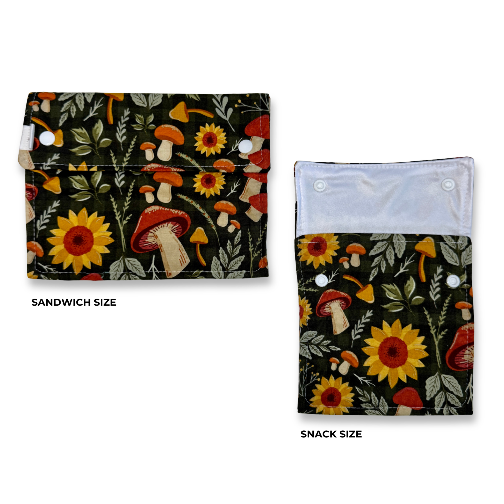 Two reusable machine washable fabric snack pouches shown on a white background, labeled SANDWICH SIZE and SNACK SIZE. Both have a dark background with a colorful print of sunflowers, mushrooms, and leaves. Cute snack bags