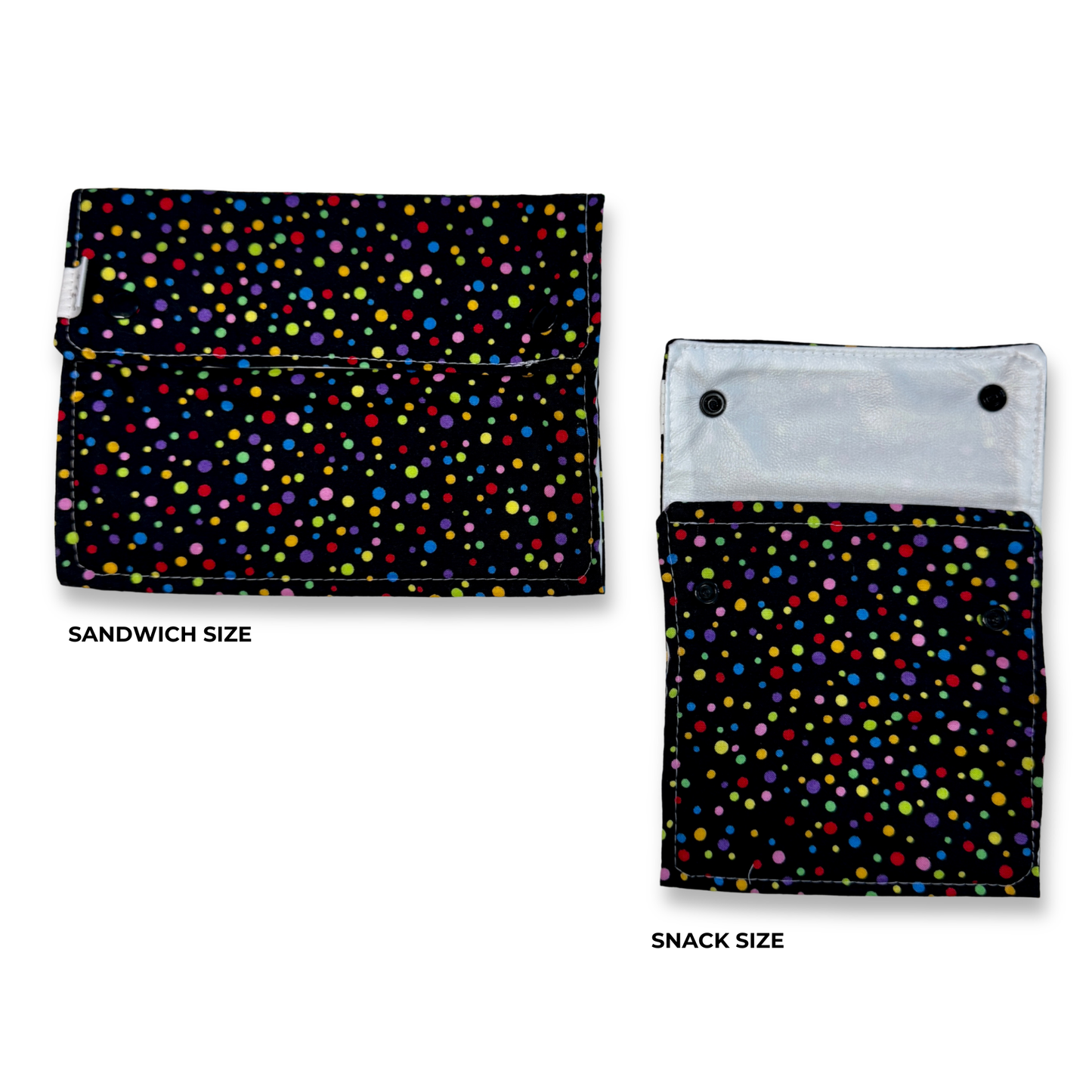 Two fabric pouches with a black background and multicolored confetti dot pattern, shown on a white background with labels reading SANDWICH SIZE and SNACK SIZE. Machine Washable Snack and sandwich bags