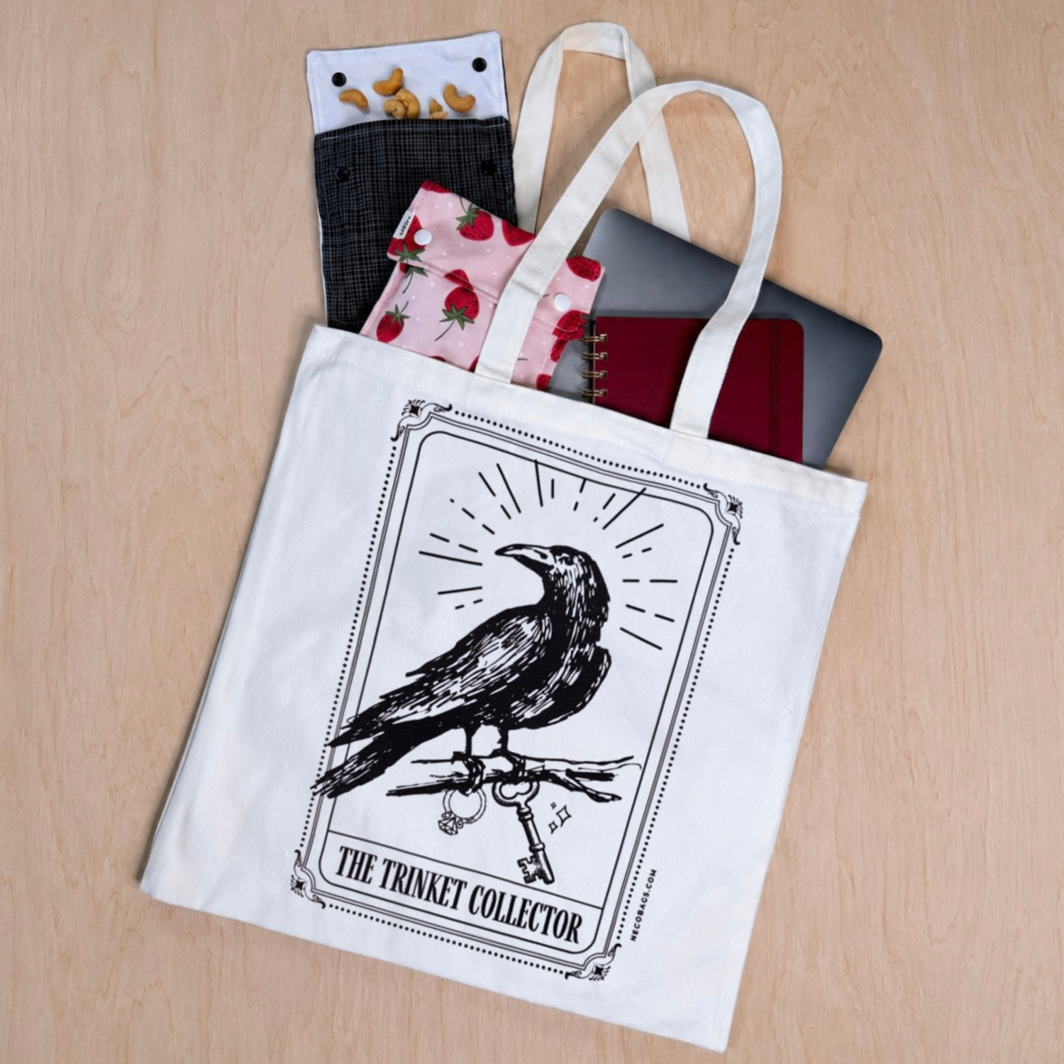 100% cotton canvas tote with a crow image in the style of a tarot card