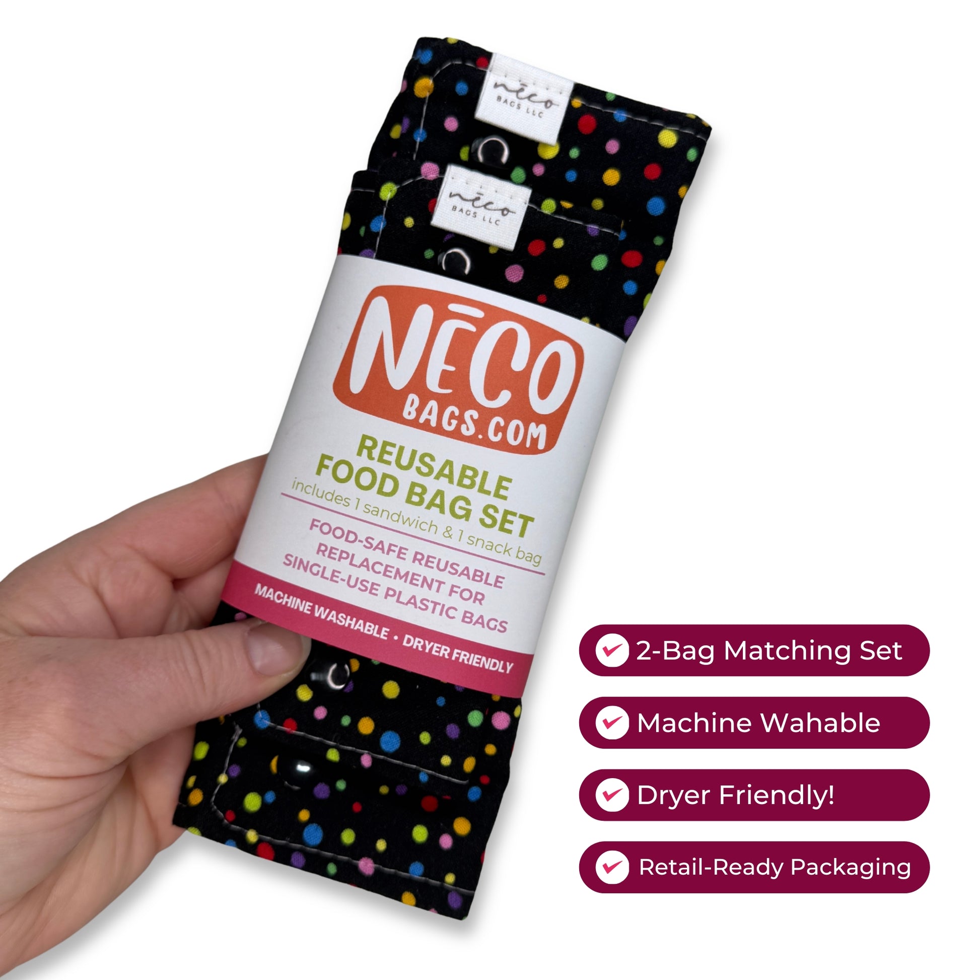 A hand holds a packaged NECOBags.com reusable food bag set.
