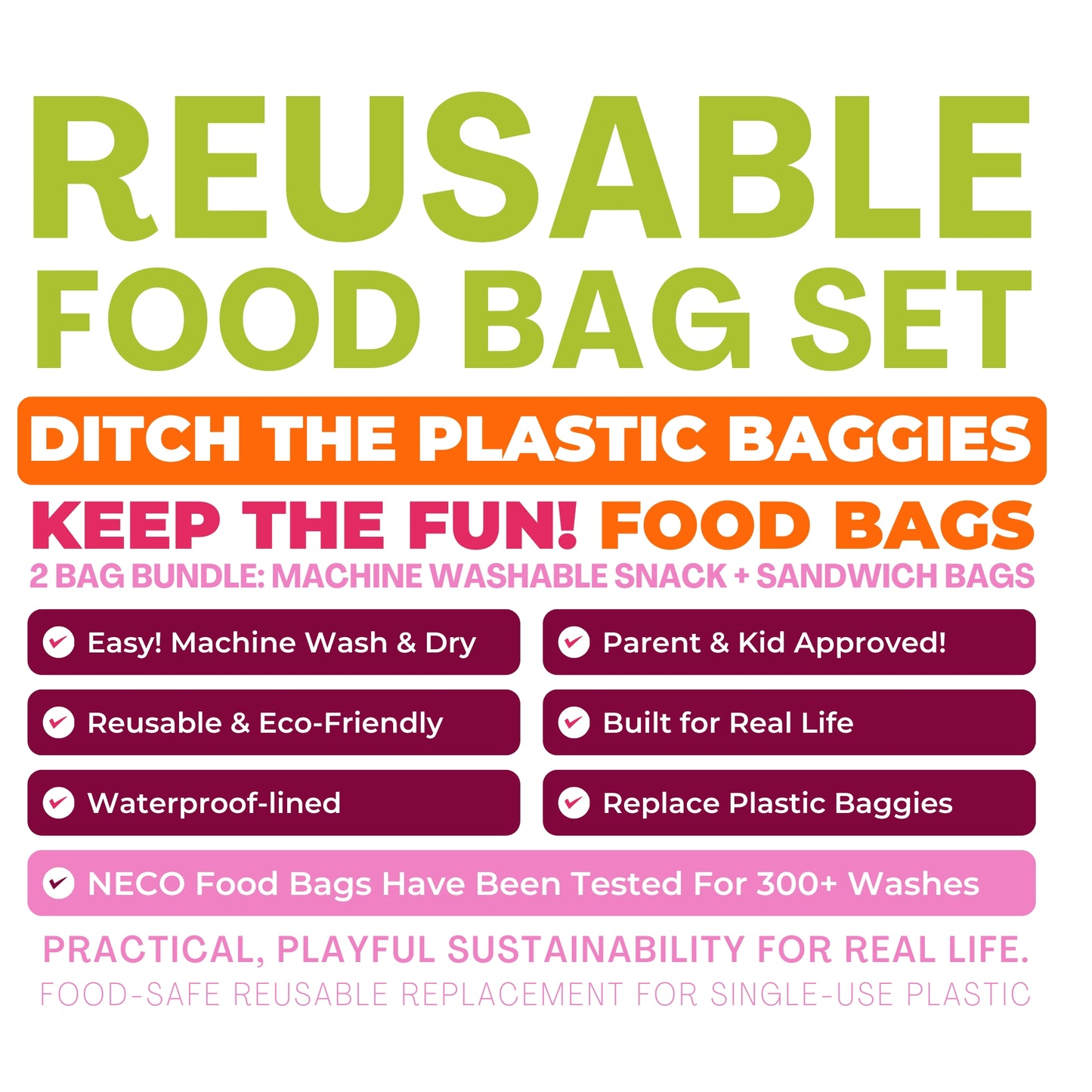 Reusable Washable Food Bag Sets Snack & Sandwich Bags - Rainbow