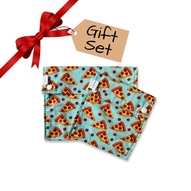Two fabric bags with pizza pattern and a red ribbon, labeled 'Gift Set' on a white background.