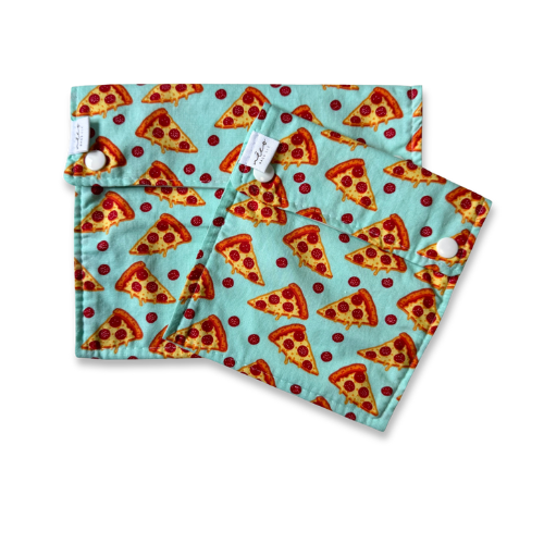 Two pizza-patterned bags on a white background