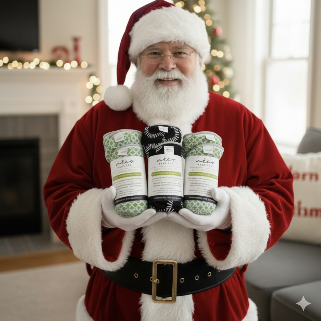 Santa Claus holding products in a festive indoor setting with Christmas decorations.
