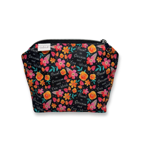 Floral patterned pouch with text on a white background