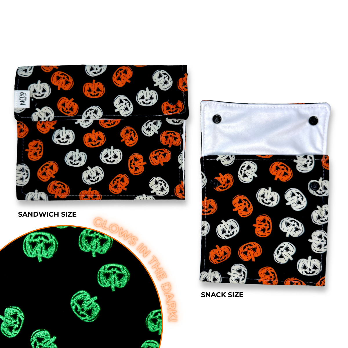 Two reusable snack pouches with a black Halloween pumpkin print are shown on a white background, labeled sandwich size and snack size, with a circular inset showing the glow-in-the-dark effect.