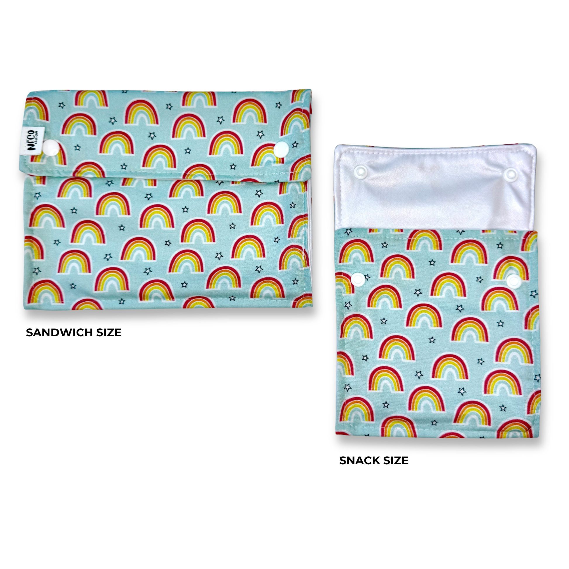 Two reusable cloth washable reusable food bags. Snack and sandiwich bags with fun  rainbow fabric pattern. repeating rainbow and star print on a light blue background, shown on a white background. The left pouch is labeled SANDWICH SIZE and the right pouch is labeled SNACK SIZE.cute 