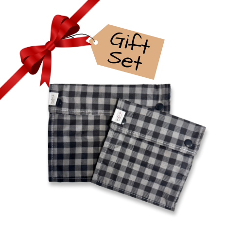 Black and white checkered snack bags with a red ribbon and 'Gift Set' tag on a white background