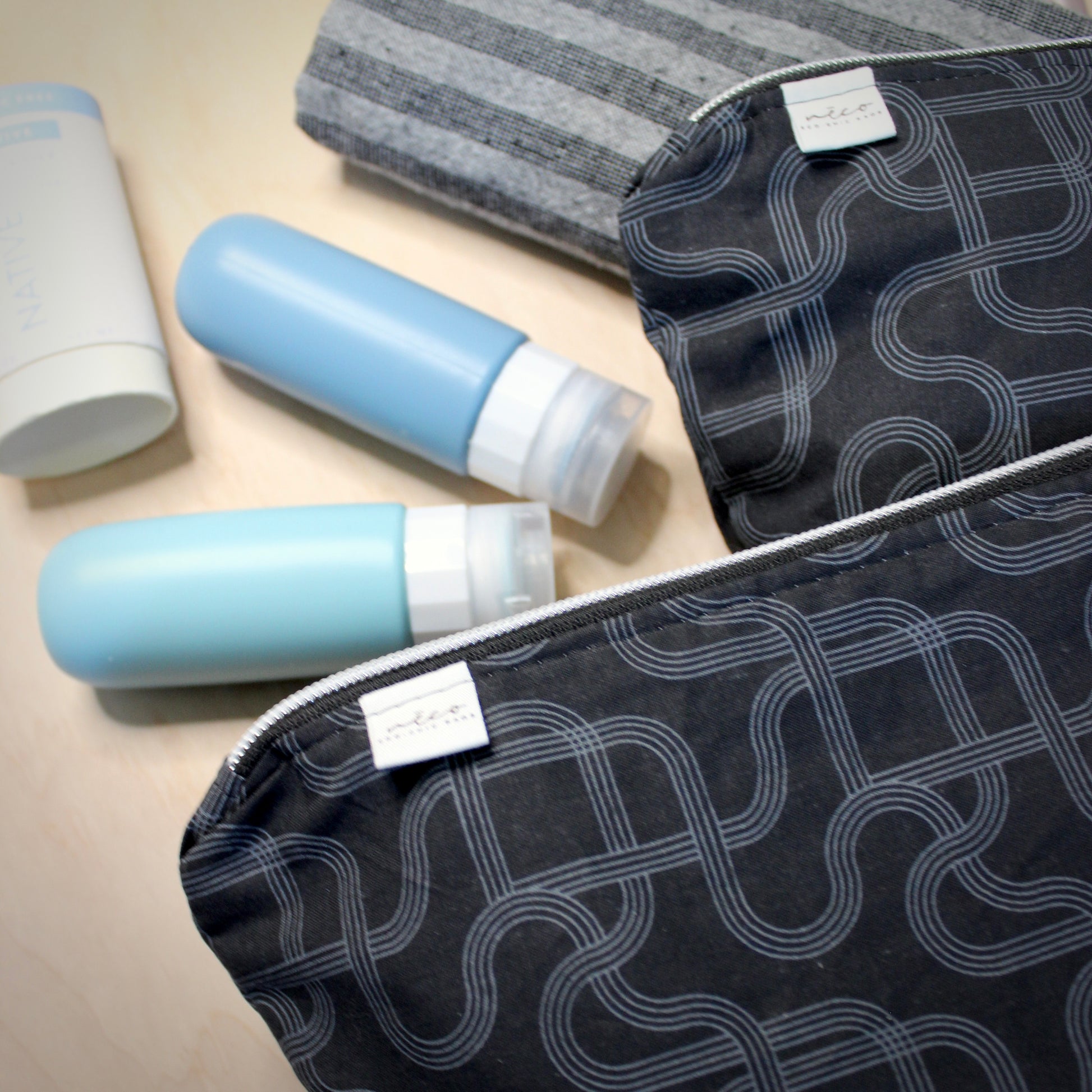 close up detail of fabric travel bags