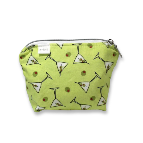 Green pouch with martini glass pattern on a white background