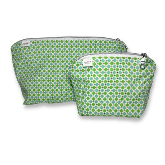 Two green patterned cosmetic bags on a white background