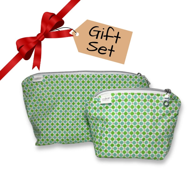 Two green patterned pouches with a red ribbon and 'Gift Set' tag on a white background